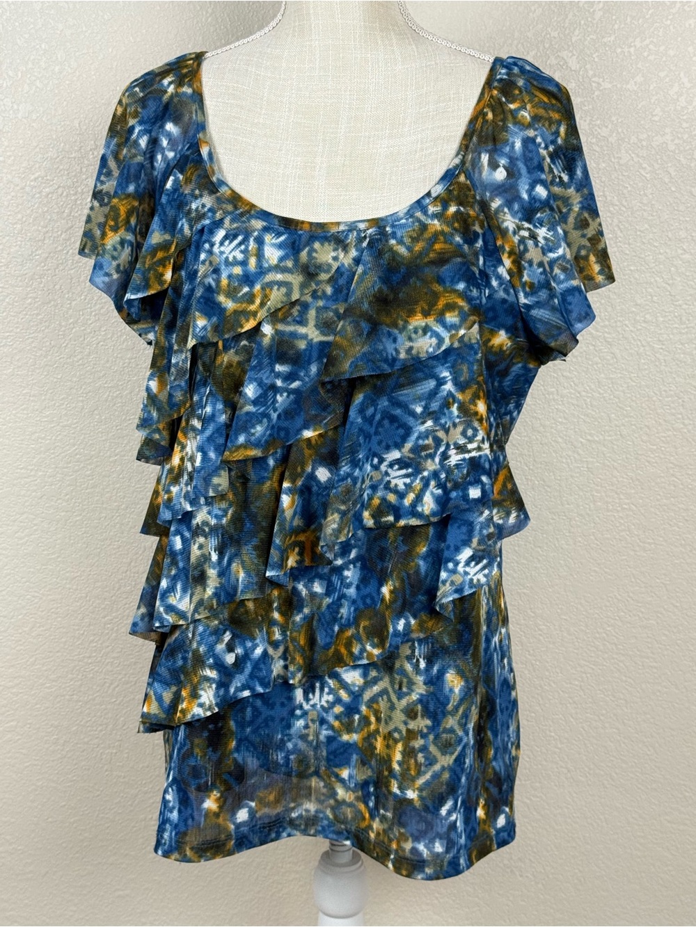 AB Studio - Blue Multi-Color Ruffle Scoop Neck Women's Top - Size XL